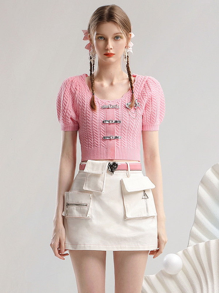 Set-Up Summer-Knit Feminine Pocket Casual Ribbno Metal Knit&Mini-Skirt