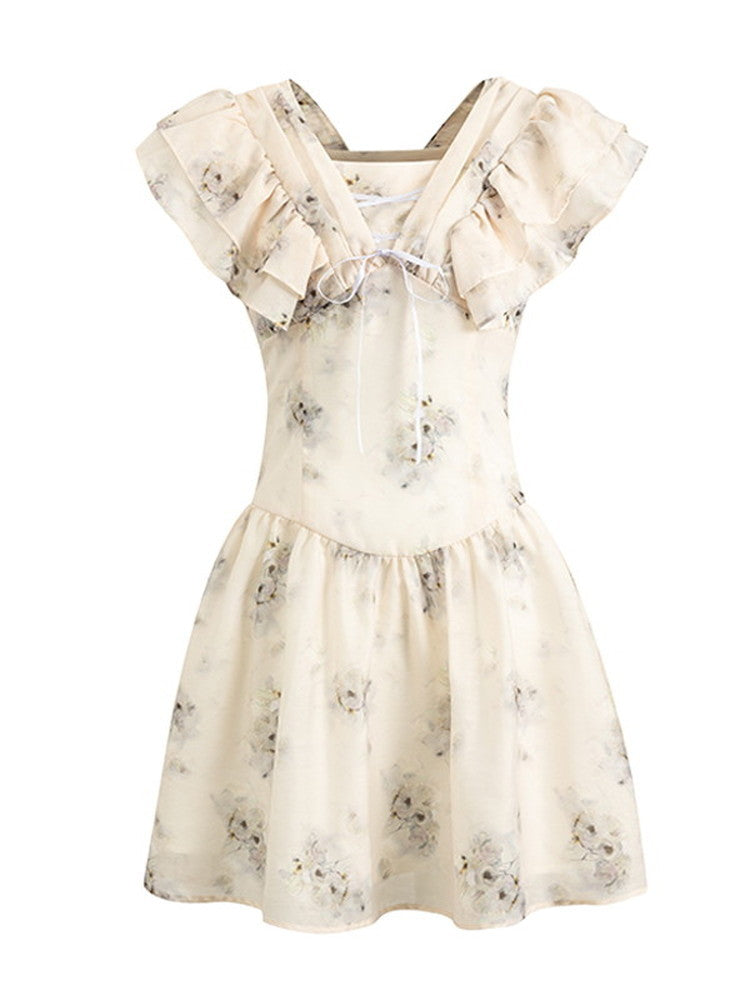 Flower Lace-Up Flower Frill Ceminine Short Dress