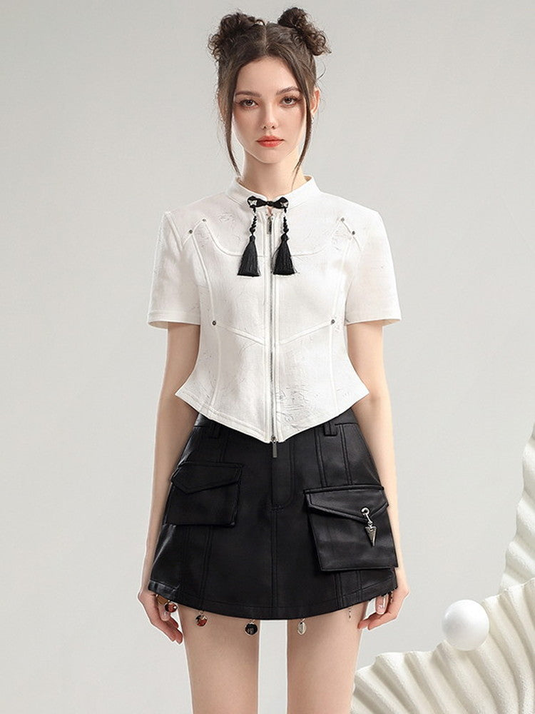 Set-Up Tassel Zip Coin Nichi Tops&Leather-Skirt