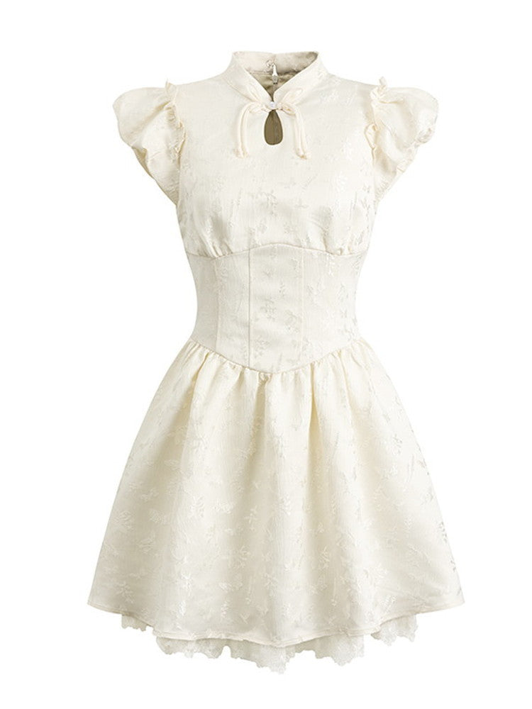 Embroidery Puff-Sleeve Frill Flower Lace Flare Dress