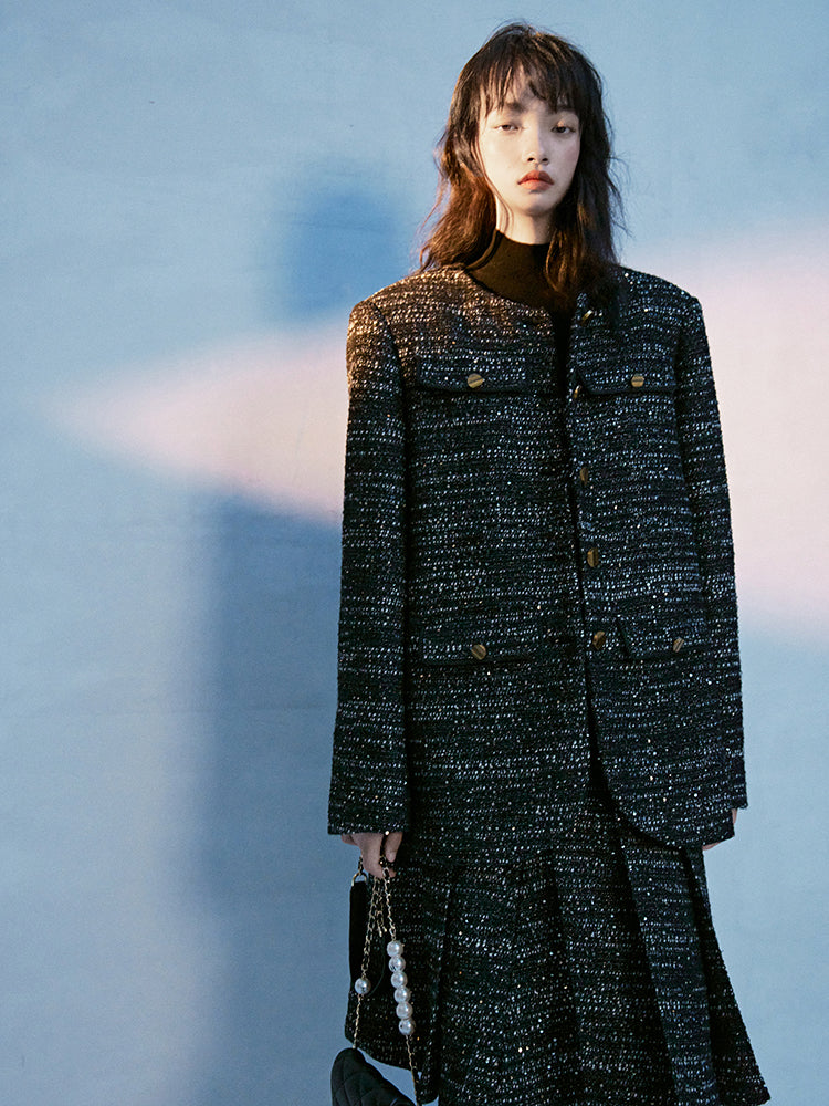 Tweed No-Collar Formal Oversize Jacket