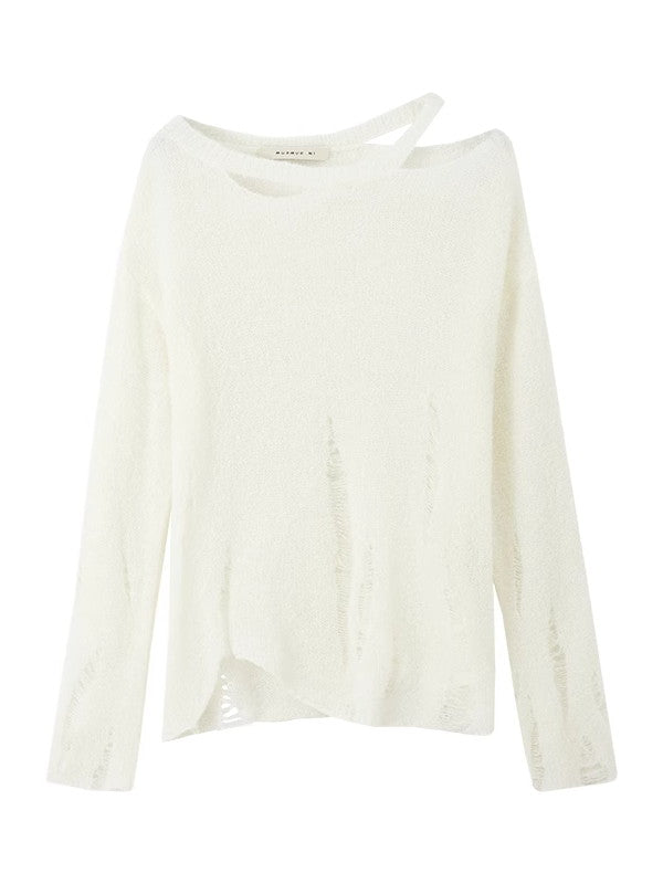 비대칭 손상 난소 캐주얼 커버 니트