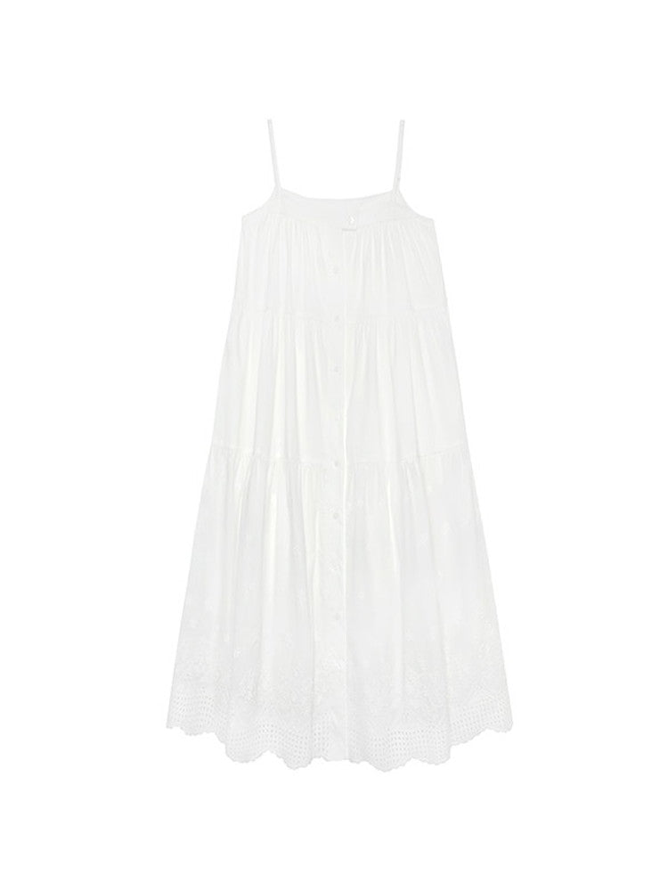 Camisole Lace Stripe Flare Button Layered Casual Dress