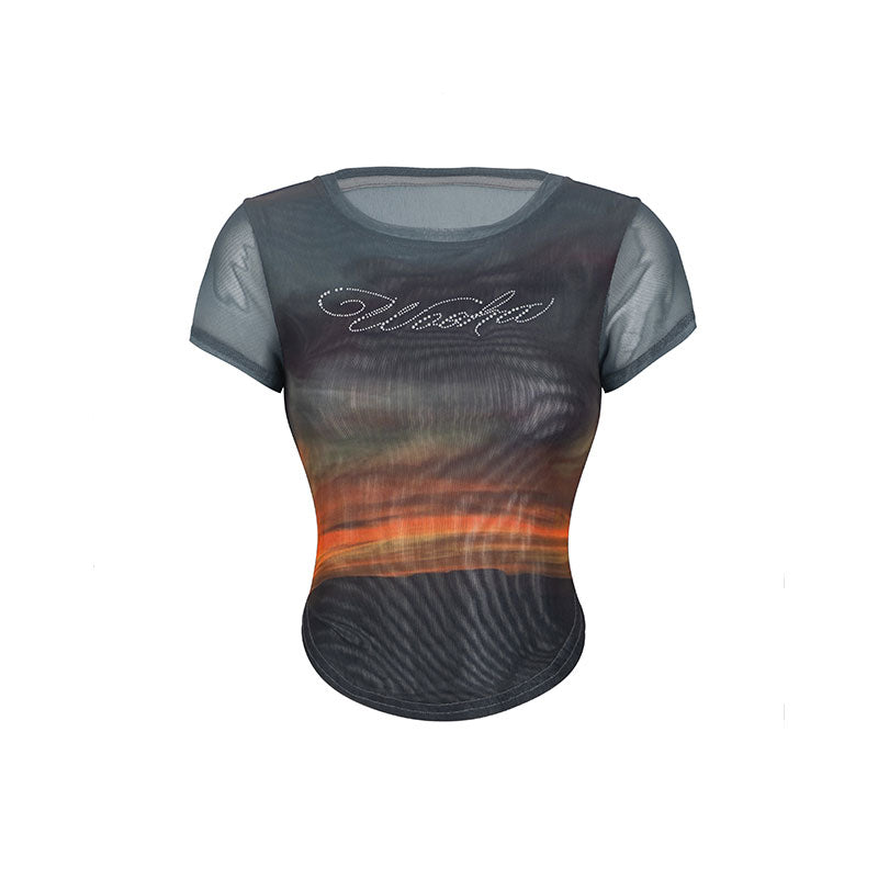 Sheer Bare Gradation Round-Cut Bijou Casual Fancy T-Shirt