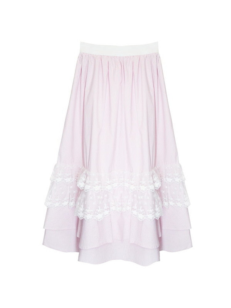 Set-Up Stripe Sailor Lace Cute Ribbon College Blouse&Long-Skirt