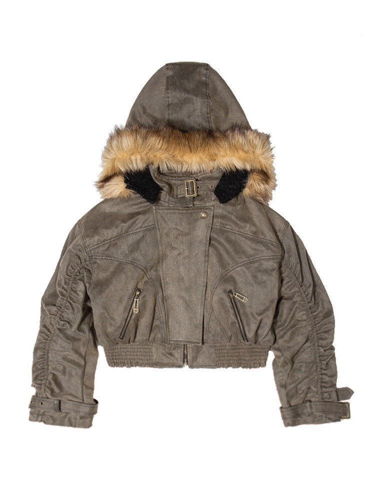 Fur Hoodie Leather Gather Jacket
