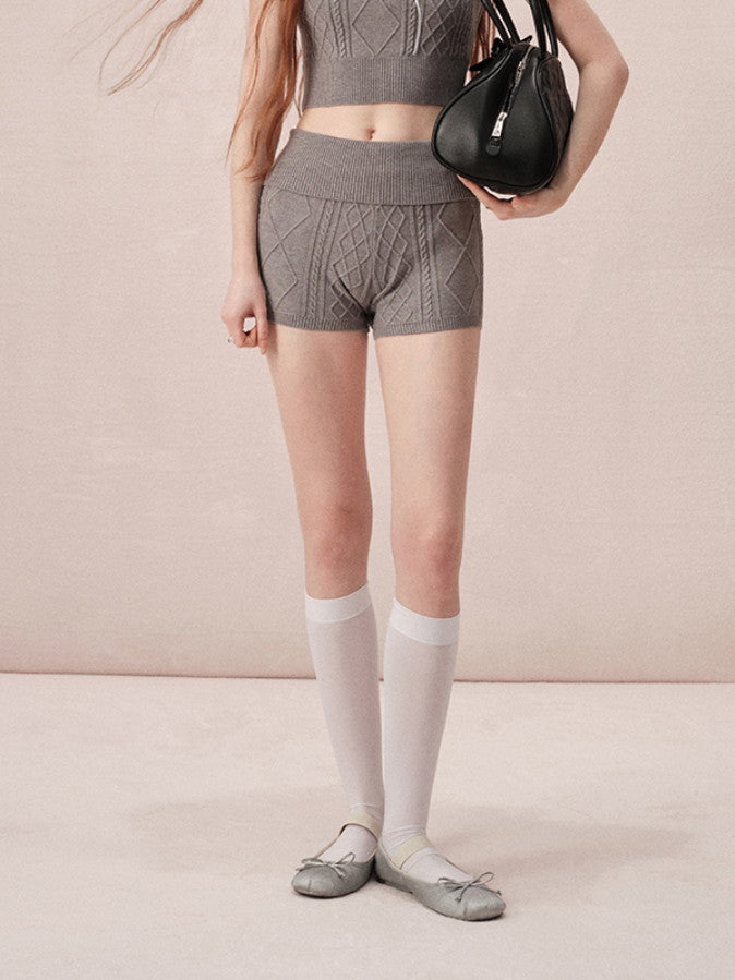 Cable-Knit Off-Shoulder Casual Relax Set-Up Tops&Short-Pants