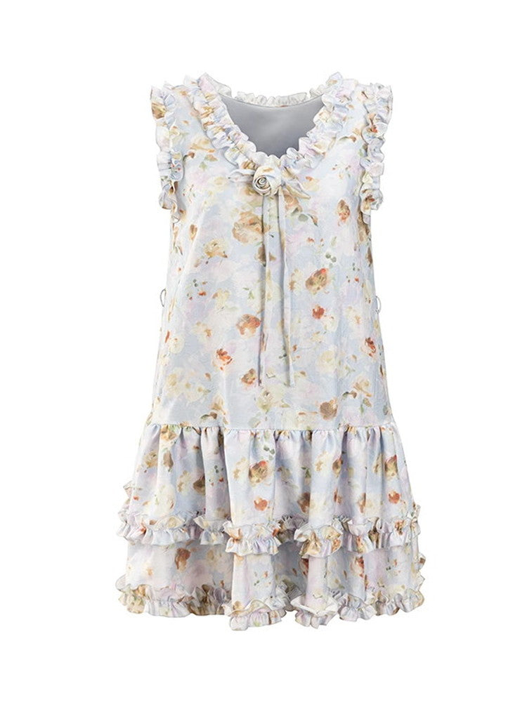 Flower Rose Frill No-Sleeve Sweet Dress