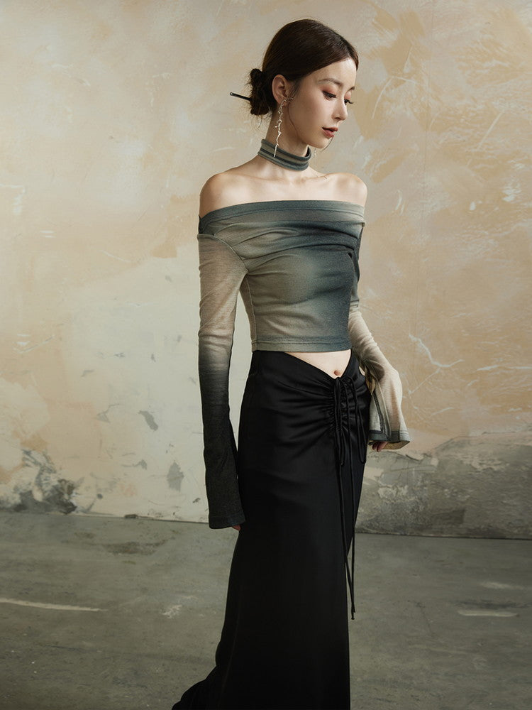 Gradation Off-Shoulder Nichi Velvet Flare-Sleeve Tops