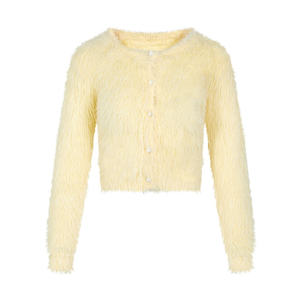 Mohair-knit 솜털 같은 Cryw-Neck 귀여운 귀여운 가디건