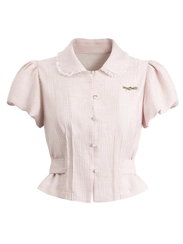 Femineine Puff-Ärmeln Back-Ribbon Spitze Retro Bluse Bluse & Long-Rocke