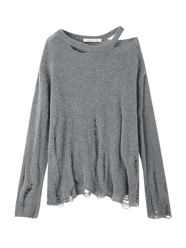 비대칭 손상 난소 캐주얼 커버 니트