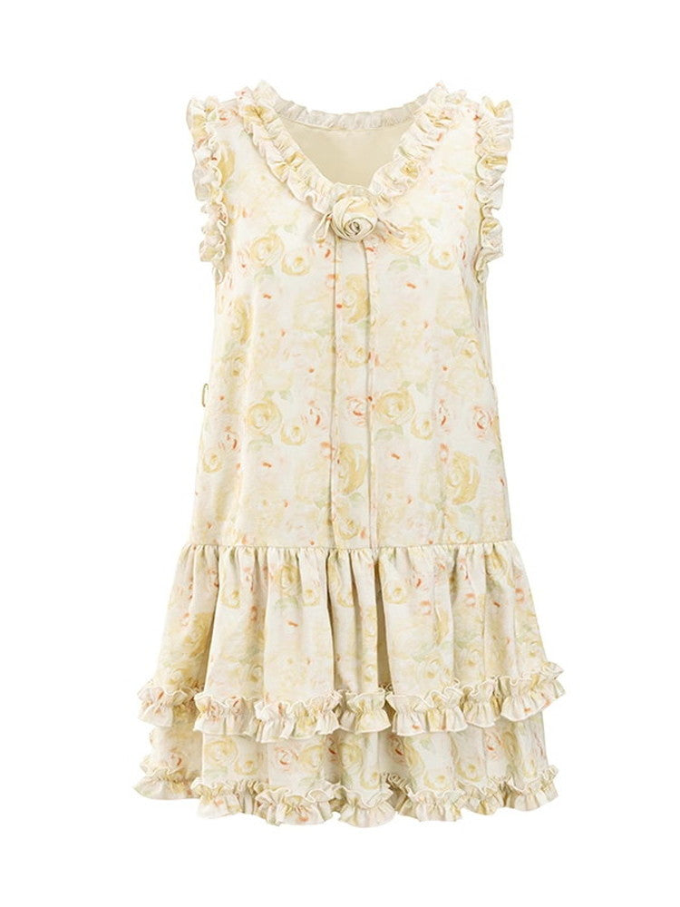 Flower Rose Frill No-Sleeve Sweet Dress