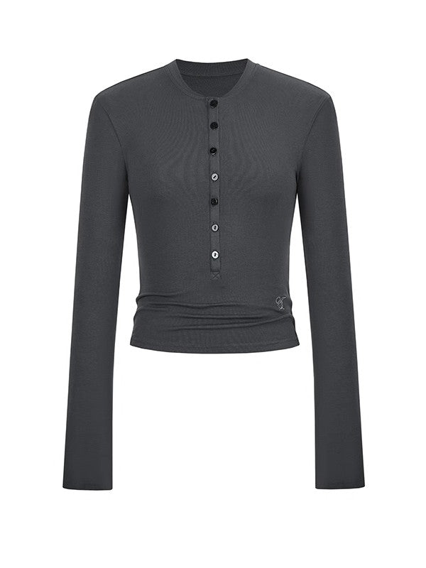 Crew-Neck Half-Button Simple Slim Plain Cutsew