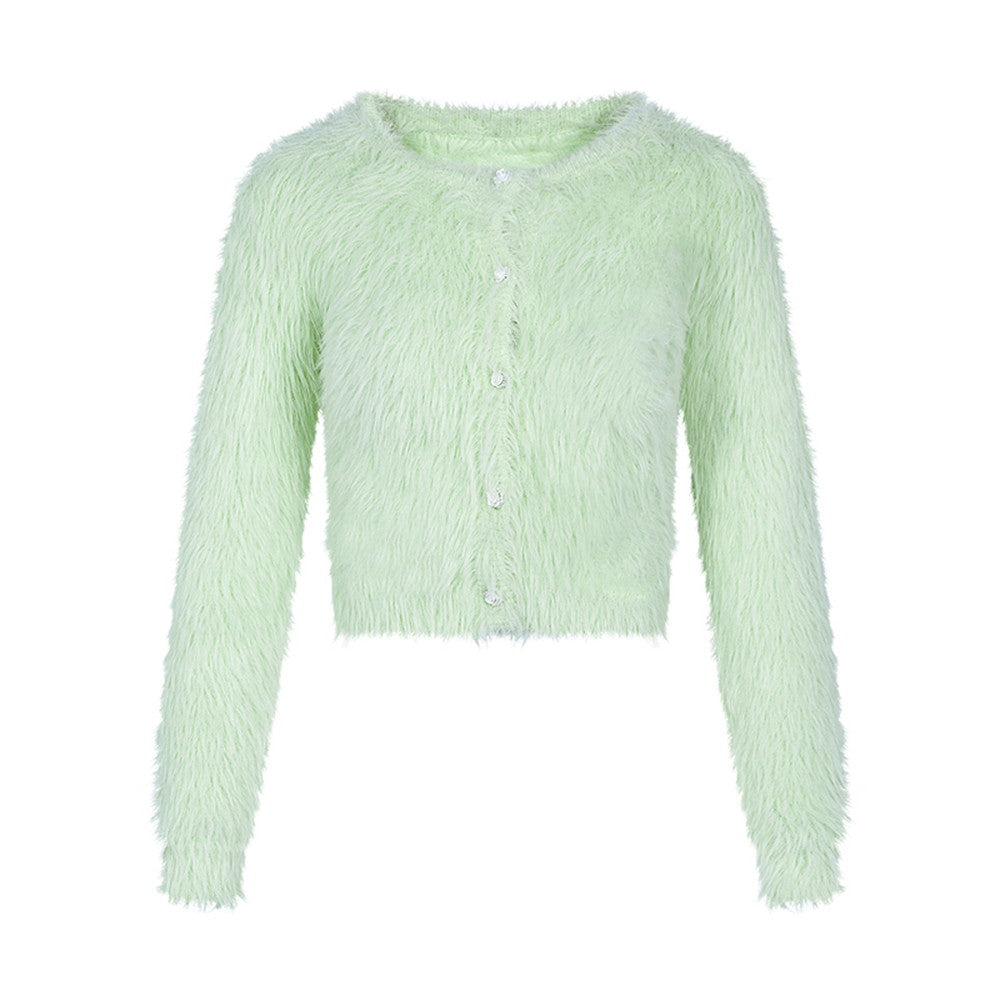 Mohair-knit 솜털 같은 Cryw-Neck 귀여운 귀여운 가디건