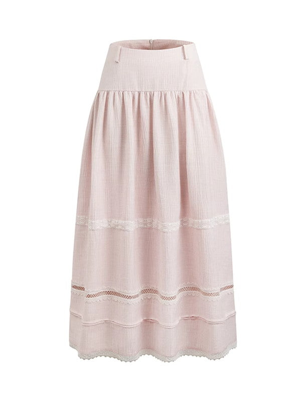 Femineine Puff-Ärmeln Back-Ribbon Spitze Retro Bluse Bluse & Long-Rocke