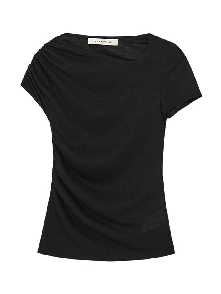 Asymmetry Simple Drape Gather Plain T-Shirt