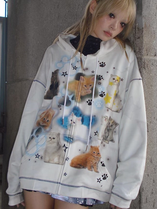 Cat Print ZIP-Up Hooded Sweat