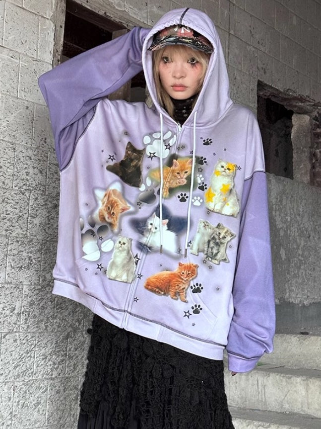 Cat Print ZIP-Up Hooded Sweat