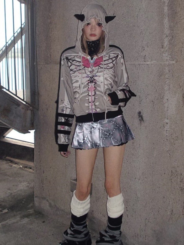 Bow Skull Print Pointed ZIP-Up Parka