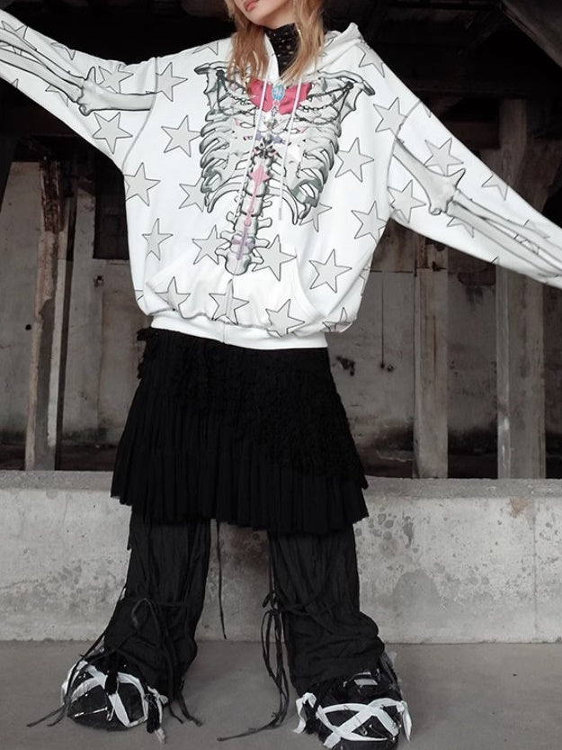 Star Skull Printed Loose ZIP-Up Parka