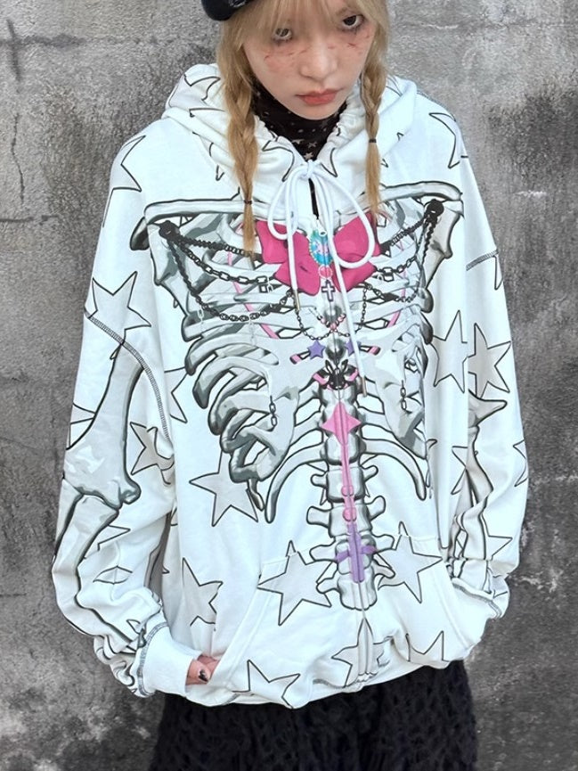 Star Skull Printed Loose ZIP-Up Parka
