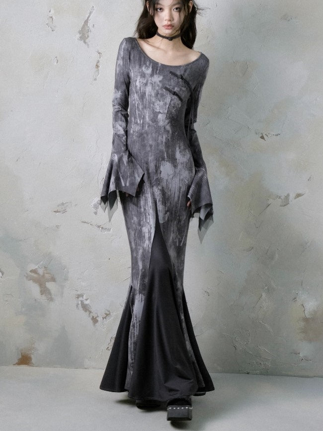 Print Long Sleeve Mermaid Dress