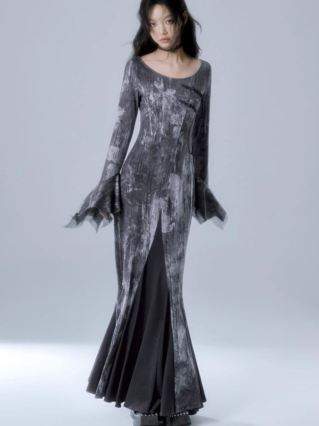 Print Long Sleeve Mermaid Dress