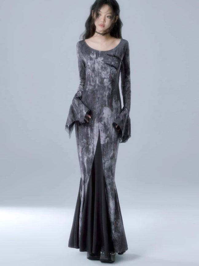 Print Long Sleeve Mermaid Dress