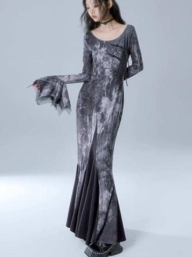 Print Long Sleeve Mermaid Dress