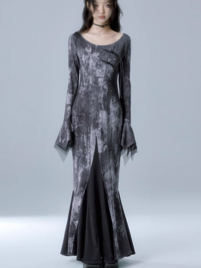 Print Long Sleeve Mermaid Dress