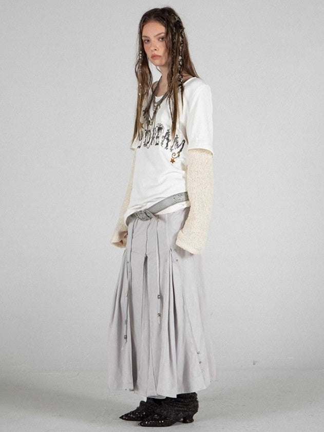 모방 스웨이드 로우 웨이스트 주름 중간 스커트