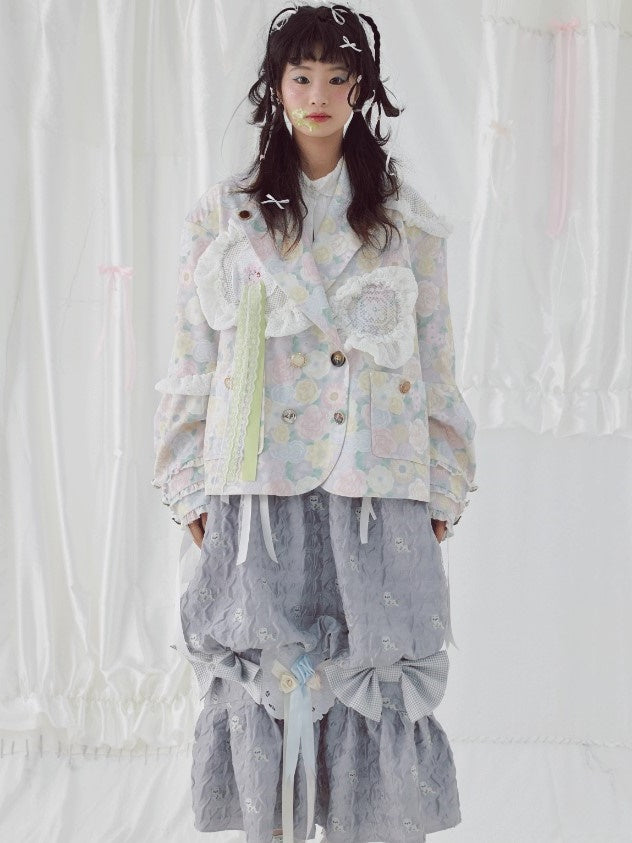 플로럴 프린트 어깨 패드 레이스 재킷