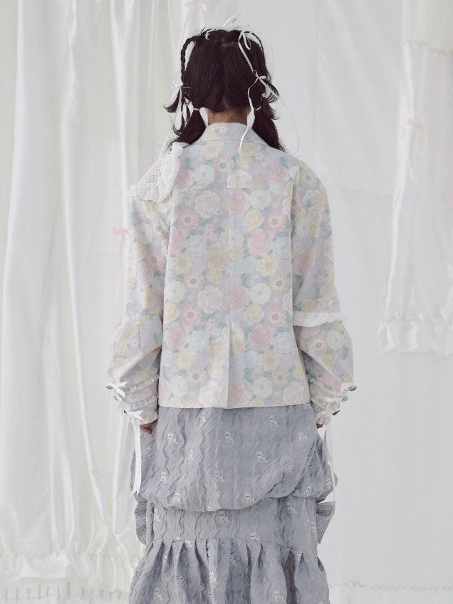 플로럴 프린트 어깨 패드 레이스 재킷