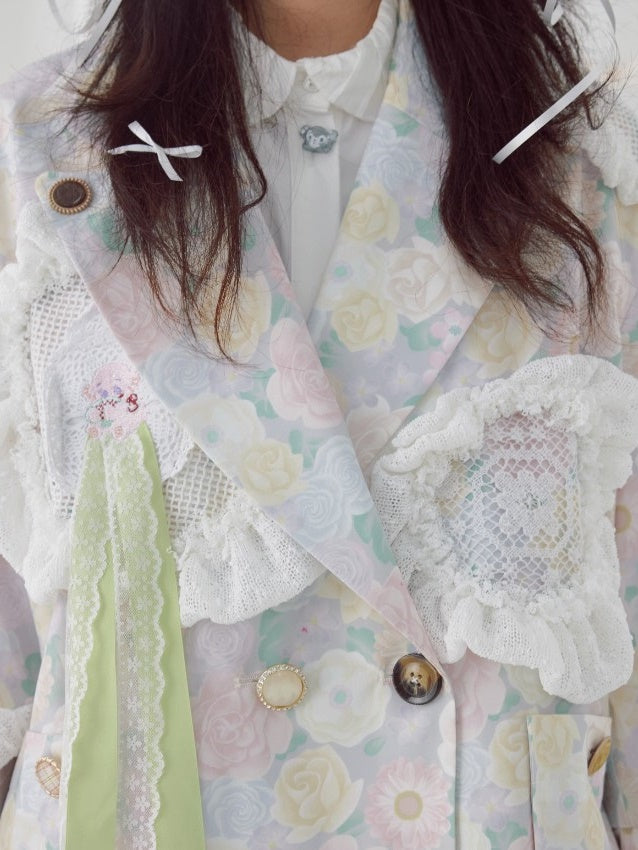 플로럴 프린트 어깨 패드 레이스 재킷