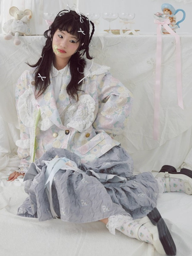 플로럴 프린트 어깨 패드 레이스 재킷