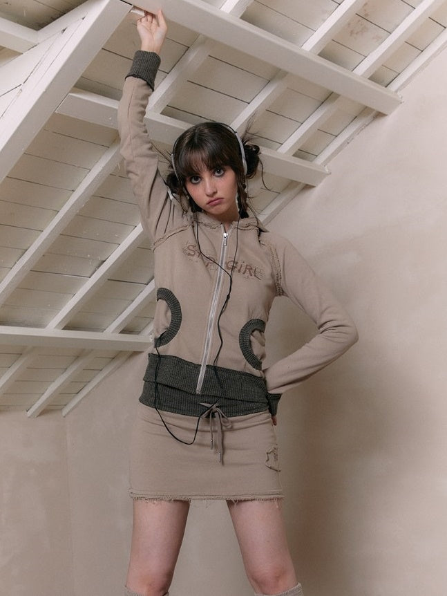 Raw Edge Zipper Hooded Parka & Sweat Short Skirt