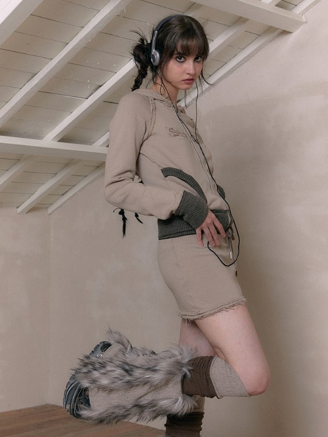 Raw Edge Zipper Hooded Parka & Sweat Short Skirt