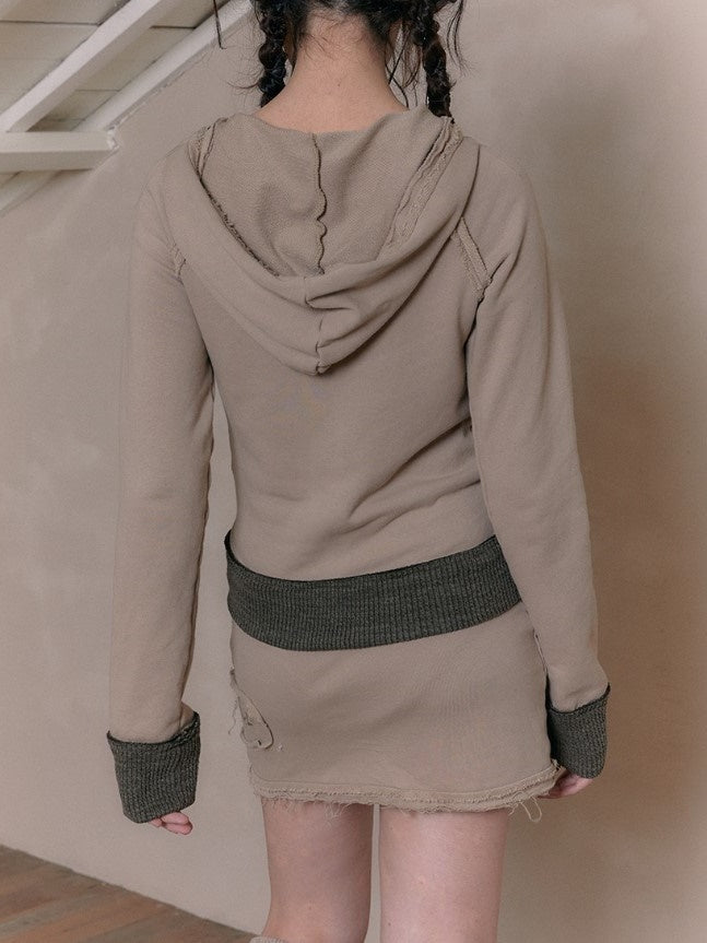 Raw Edge Zipper Hooded Parka & Sweat Short Skirt