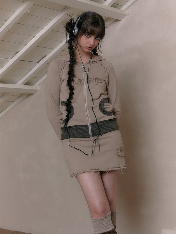 Raw Edge Zipper Hooded Parka & Sweat Short Skirt
