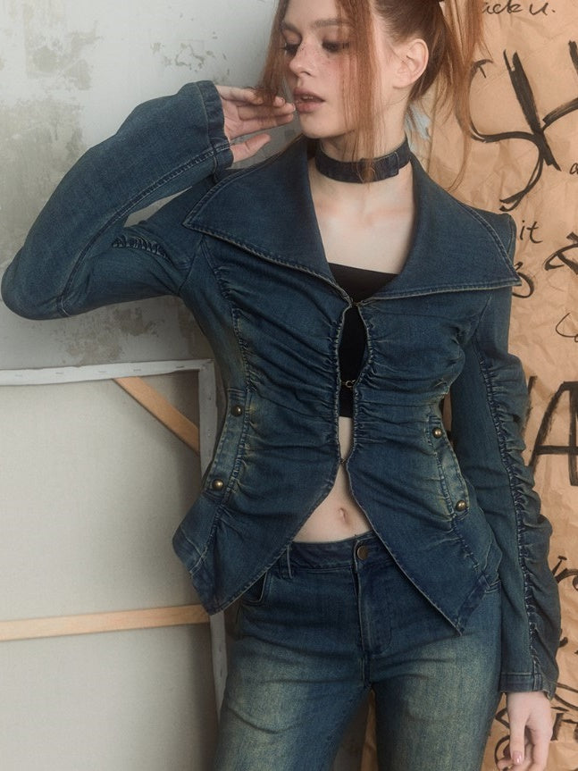 Street Pleated Stacked Denim Jacket