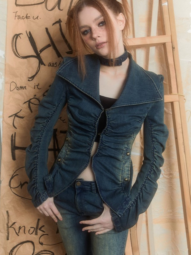 Street Pleated Stacked Denim Jacket