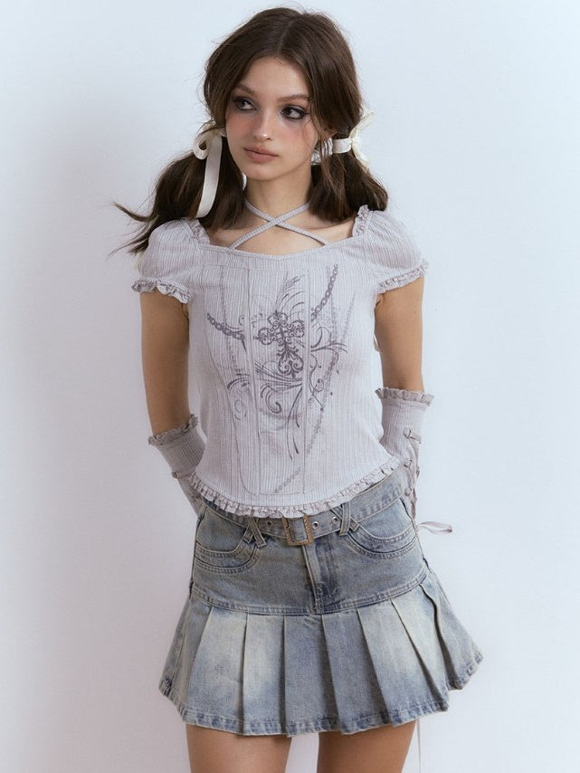 Hanging Neck Strap Lace Short-sleeved T-shirt With Sleeves