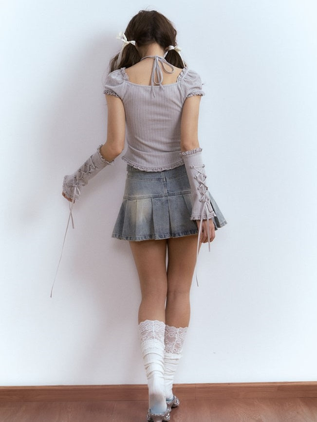 Hanging Neck Strap Lace Short-sleeved T-shirt With Sleeves