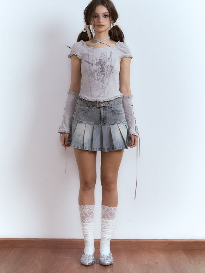 Hanging Neck Strap Lace Short-sleeved T-shirt With Sleeves