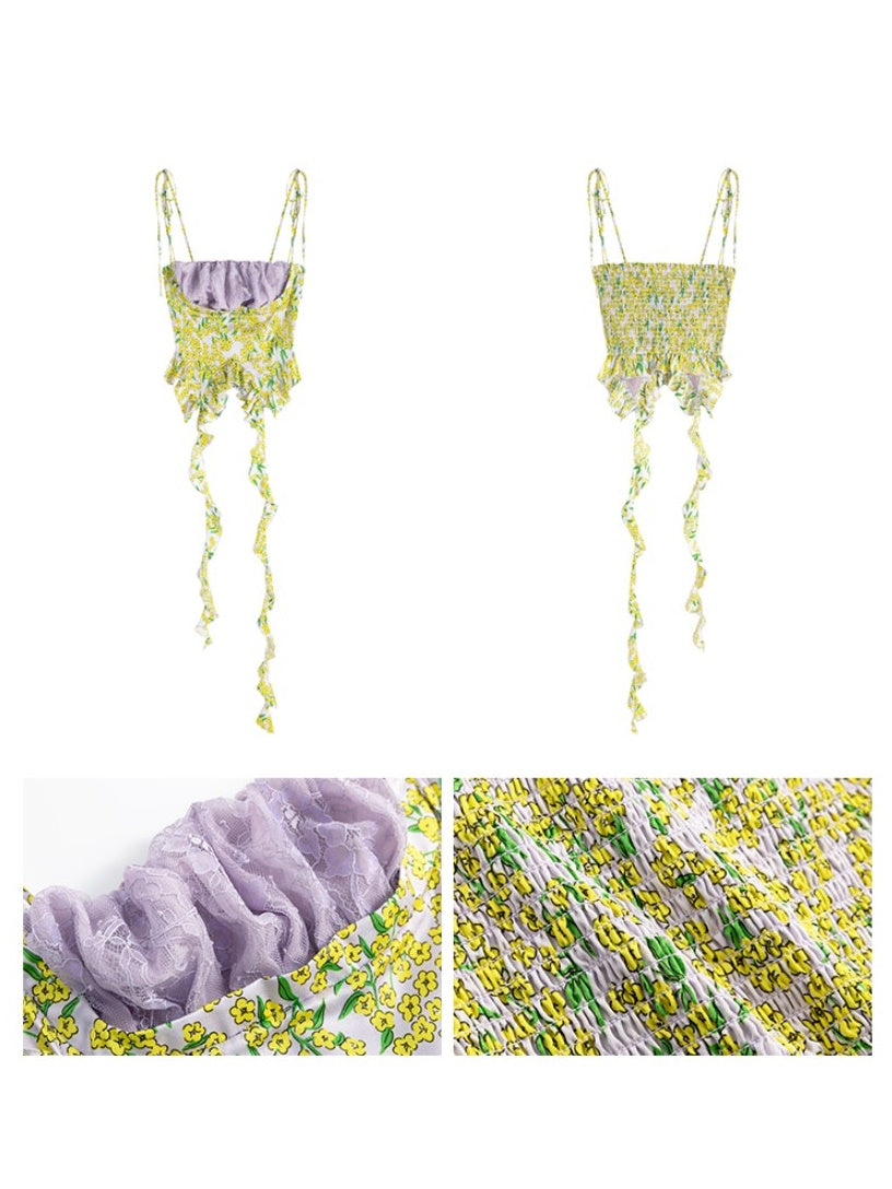 Floral Lace Suspender Top & Drawstring Splicing Skirt