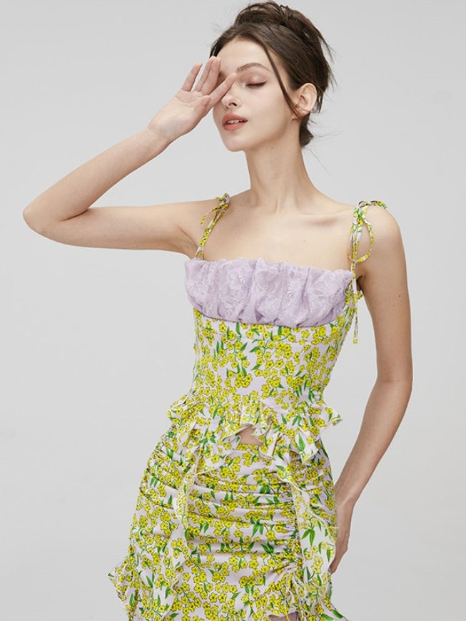 Floral Lace Suspender Top & Drawstring Splicing Skirt