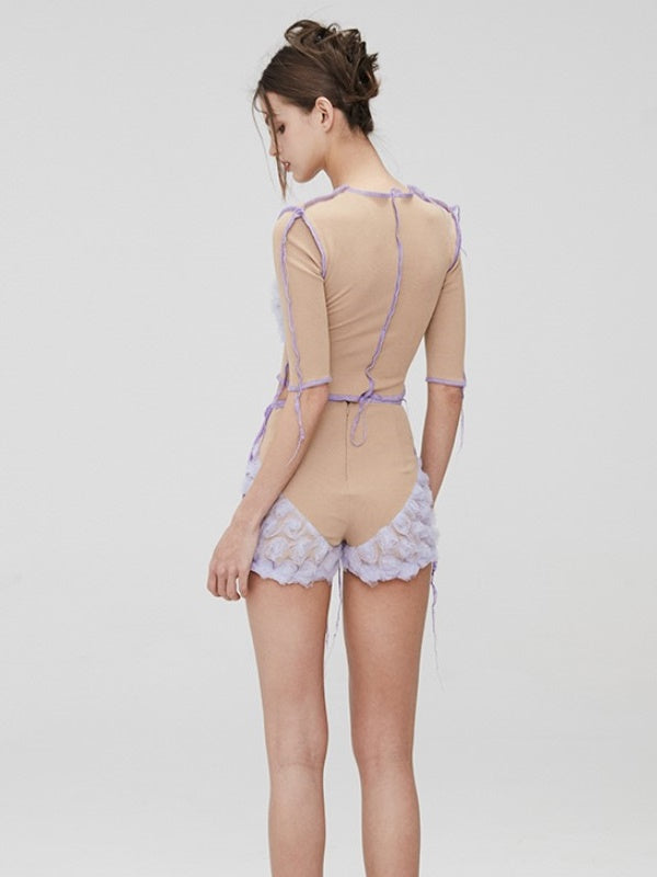 Mesh Spleißen kurzärmeliges Top & High -Taille -Shorts