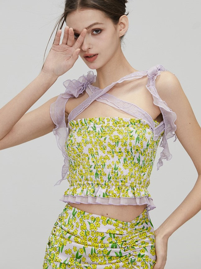 Floral Strap Shirring Tube Top