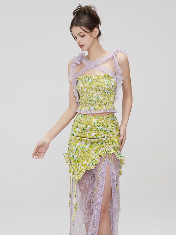 Floral Strap Shirring Tube Top